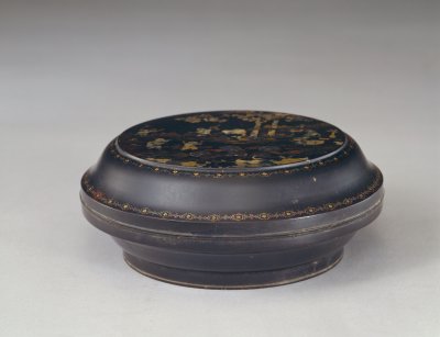 图片[1]-Round box with black lacquer inlaid with mother-of-pearl picture of five sons winning the championship-China Archive